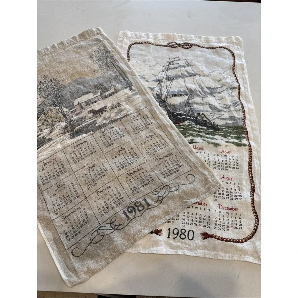 VTG Linen Tea Towels Lot 2 Calendar 1980-81‎ Winter Country & Clipper Ship